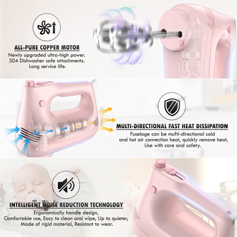 GUALIU Electric Hand Mixer with Stainless Steel Whisk, Dough Hook Attachment and Storage Bag, Handheld Mixer for Baking Cakes, Eggs, Cream Food Mixers. Turbo Boost /5 Speed Kitchen Blender PINK - Image 3